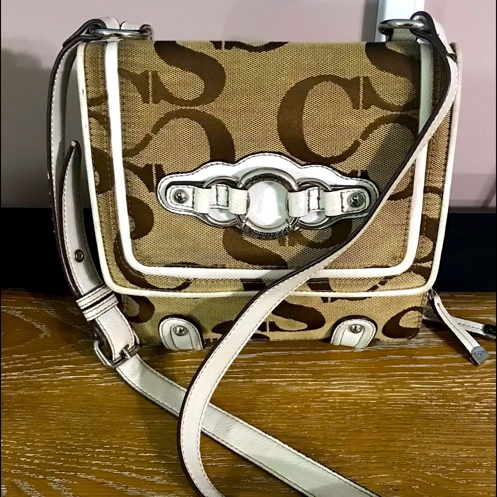 EUC Sophia Caperelli Signature Brown/White Canvas & Leather Crossbody Bag Purse